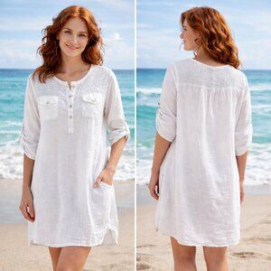 Italian Linen White Sequin Embellished Tunic Dress | Swimsuit Cover-Up Large